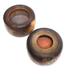 Pair of Japanese Abalone And Lacquer Inlaid Kiri Hibachis With Copper Inserts