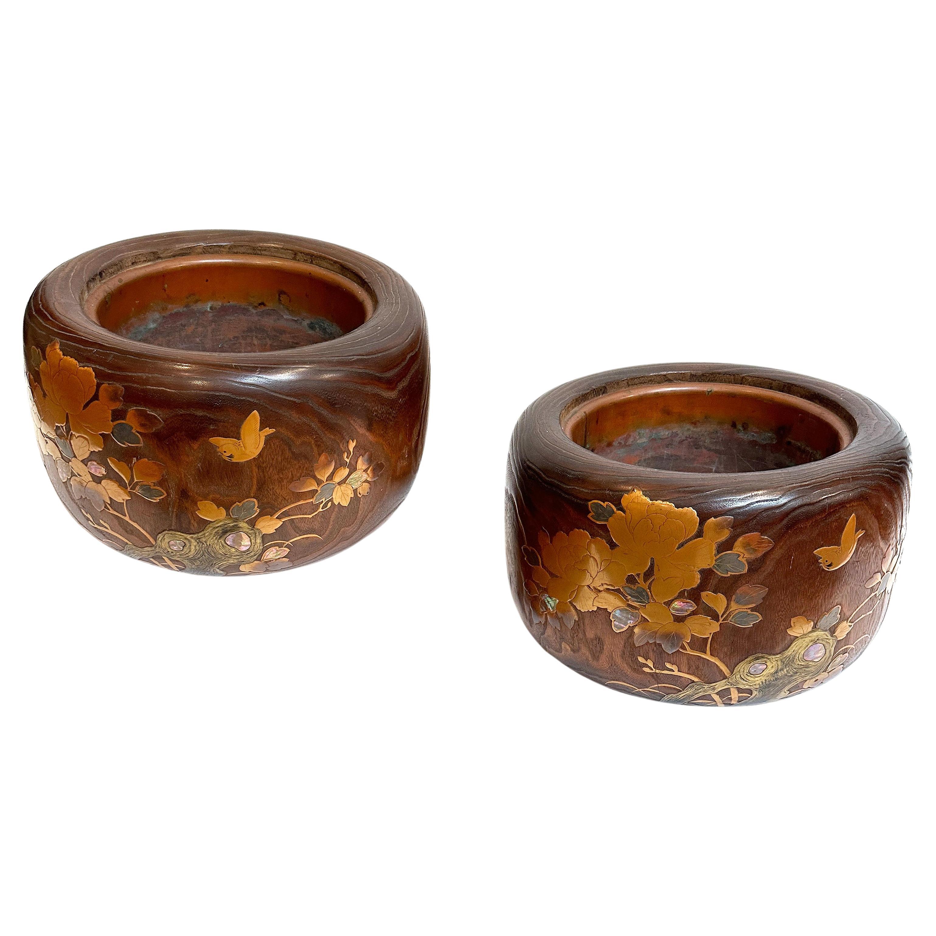 Pair of Japanese Abalone And Lacquer Inlaid Kiri Hibachis With Copper Inserts