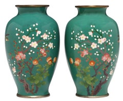Pair of Japanese ANTIQUE CLOISONNE Vase with Nightingale and Cherry and Plum Blo