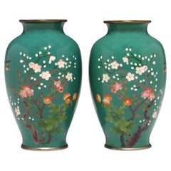 Pair of Japanese ANTIQUE CLOISONNE Vase with Nightingale and Cherry and Plum Blo