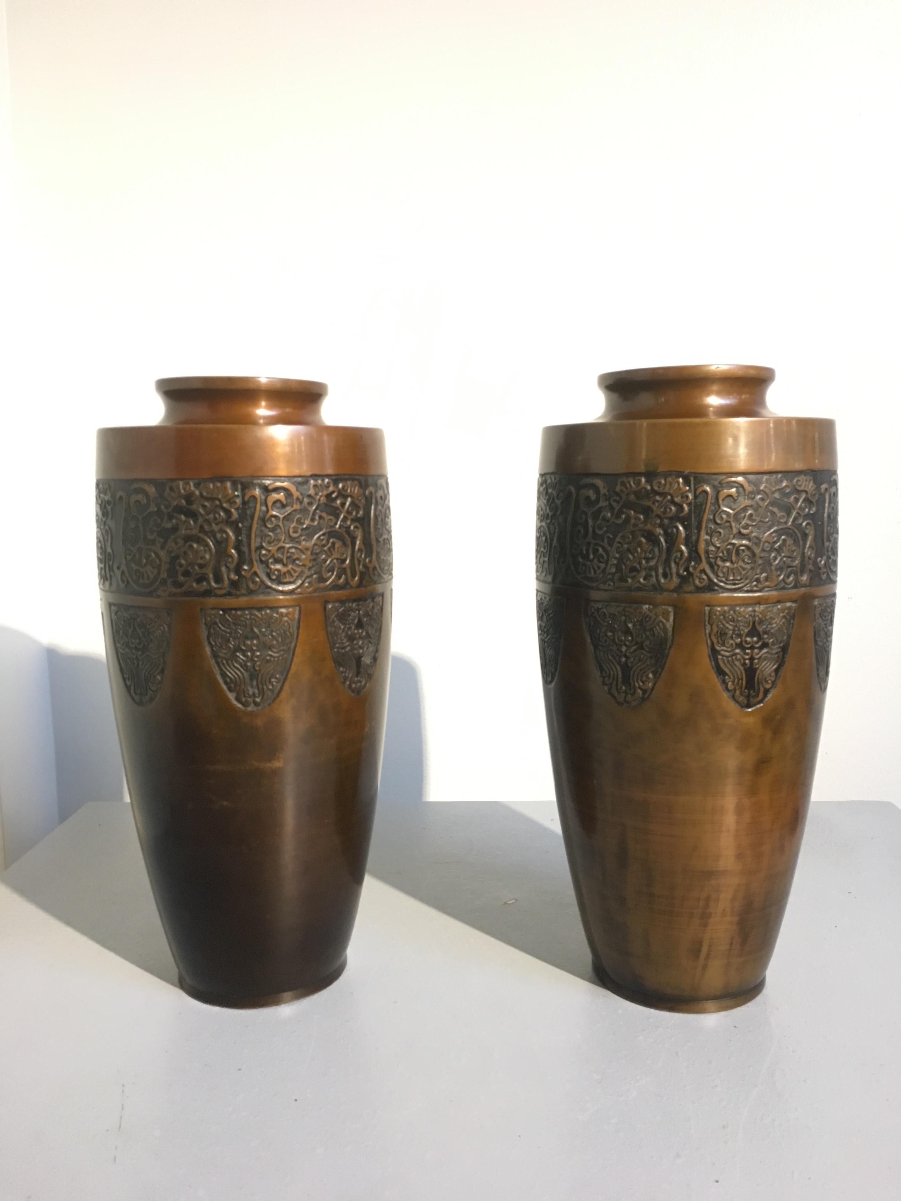 Pair of Japanese Art Deco Patinated Bronze Vases with Archaistic Motifs In Good Condition In Austin, TX