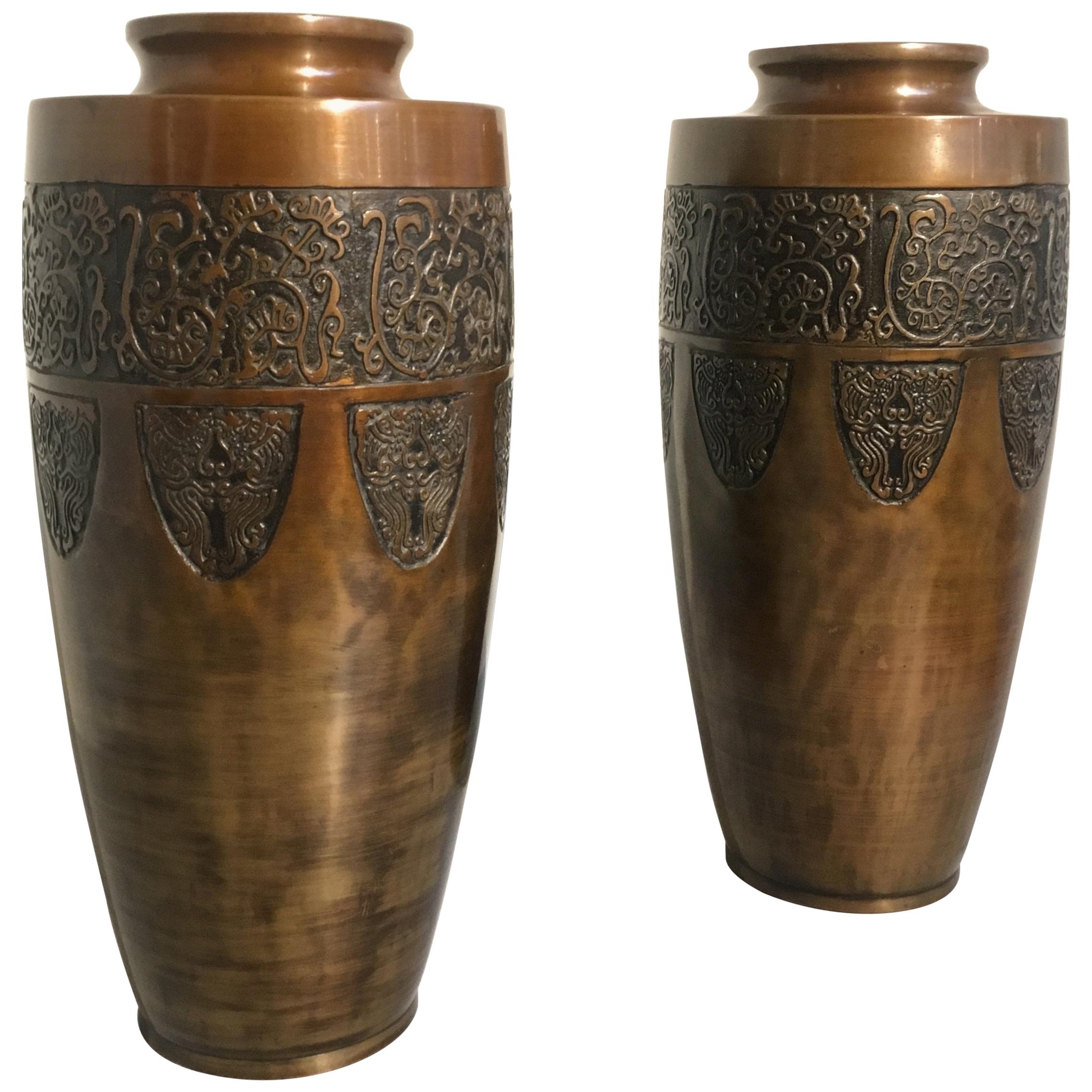 Pair of Japanese Art Deco Patinated Bronze Vases with Archaistic Motifs