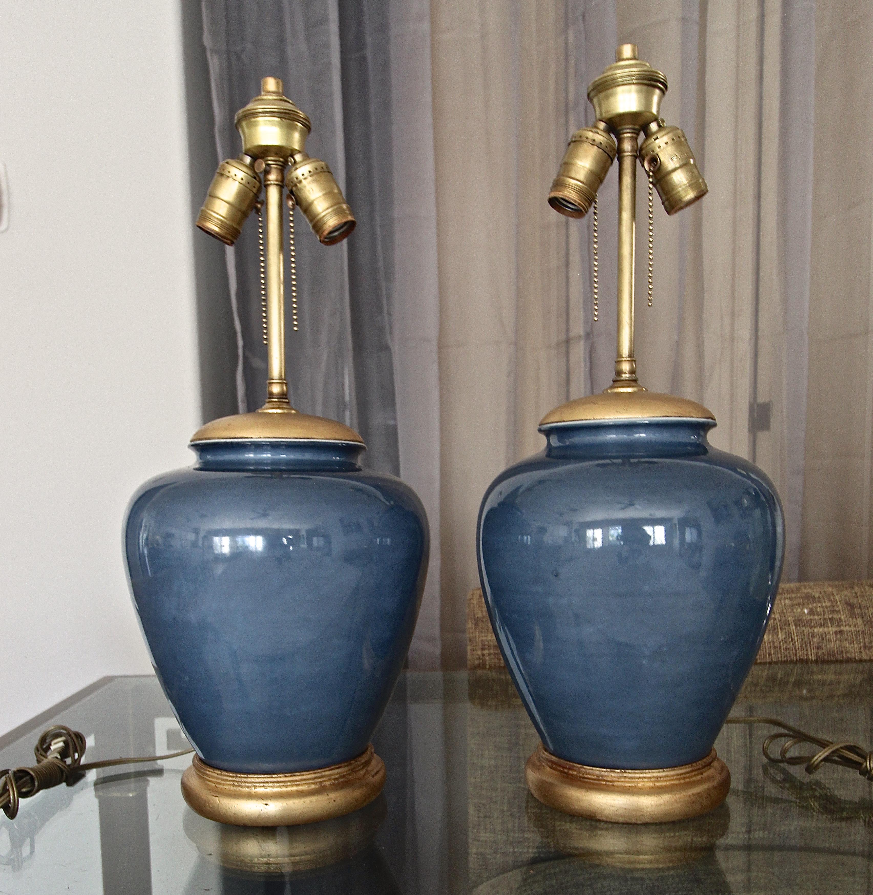 Pair of Japanese Asian Blue Porcelain Table Lamps 1