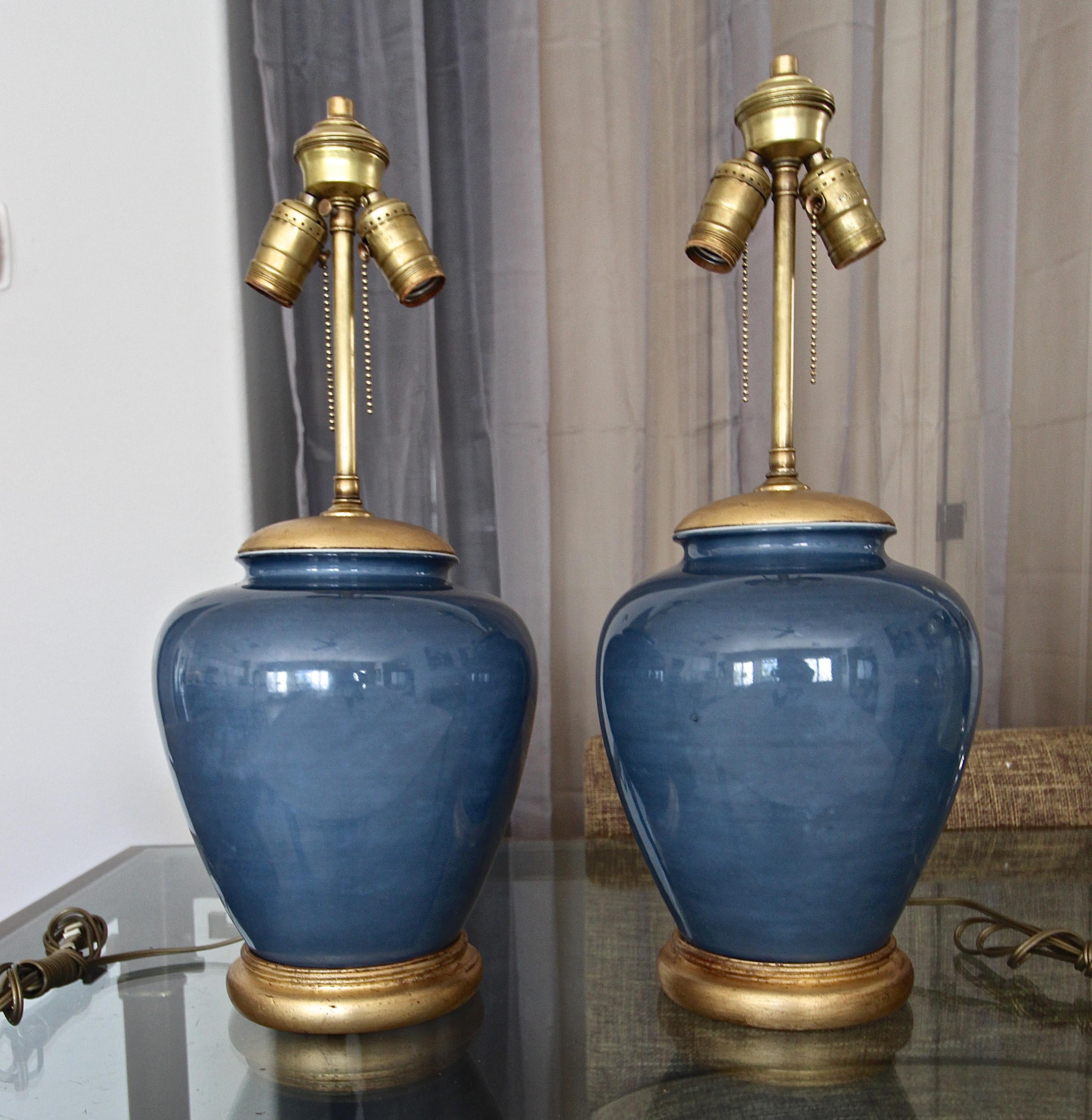 Pair of Japanese Asian Blue Porcelain Table Lamps In Good Condition In Palm Springs, CA