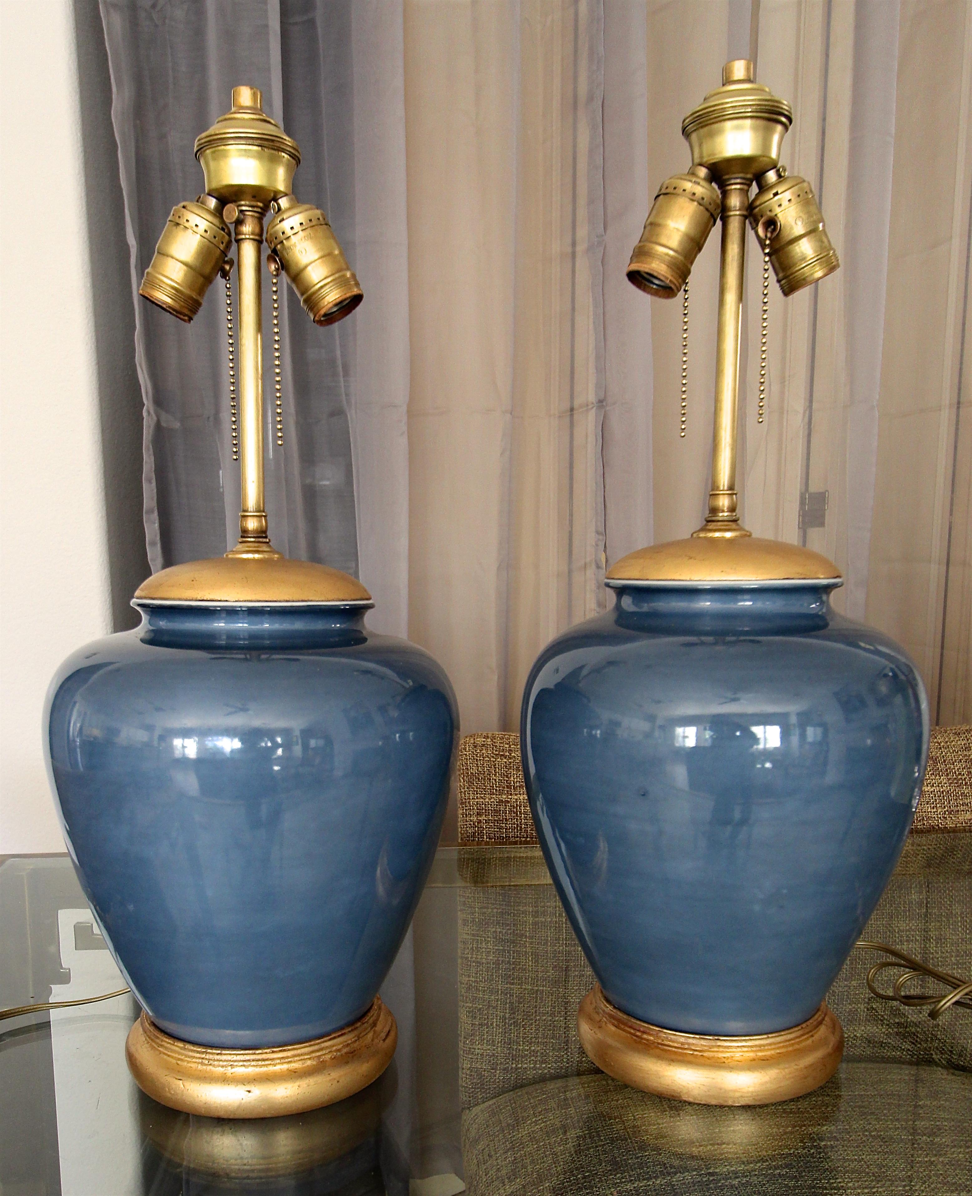 Brass Pair of Japanese Asian Blue Porcelain Table Lamps