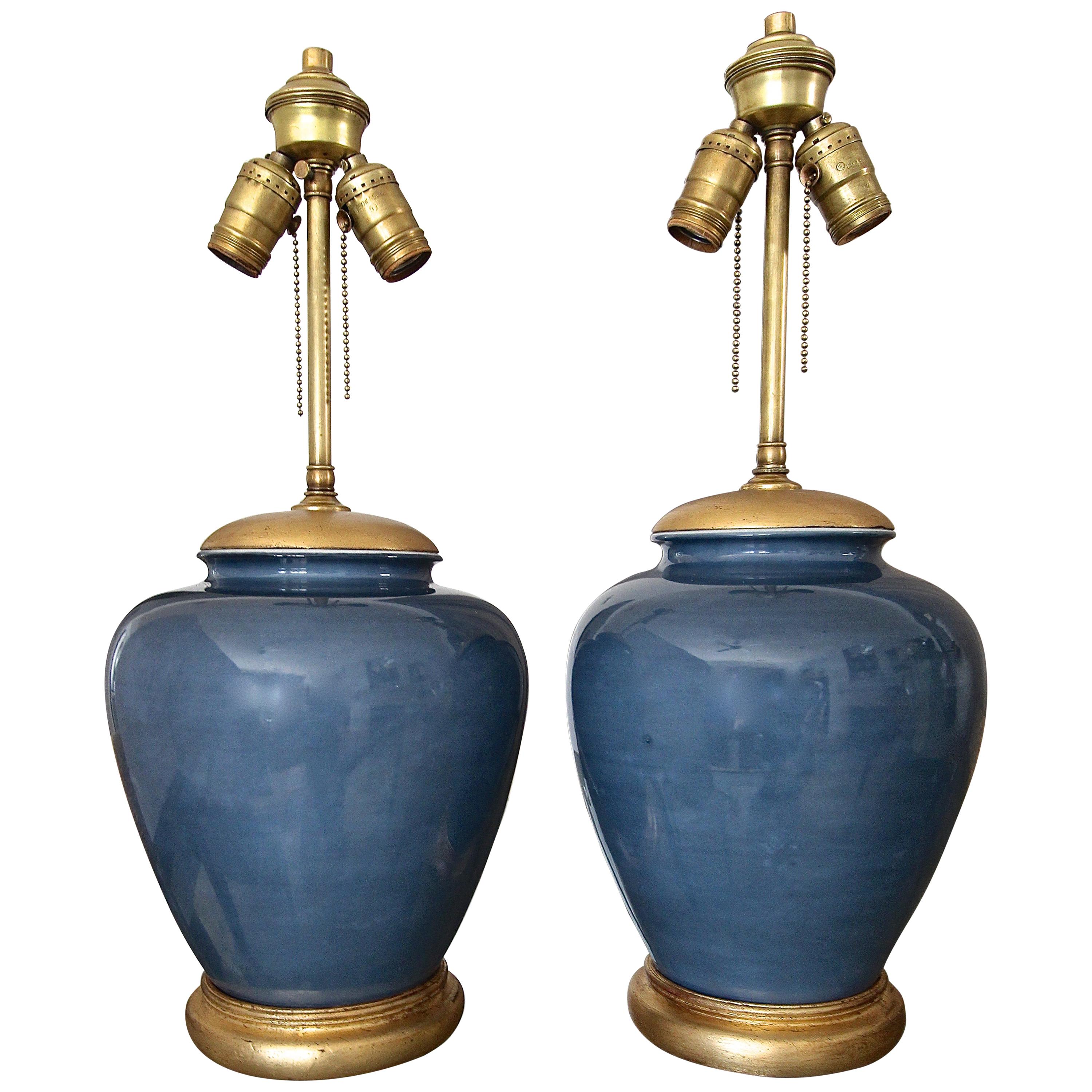 Pair of Japanese Asian Blue Porcelain Table Lamps