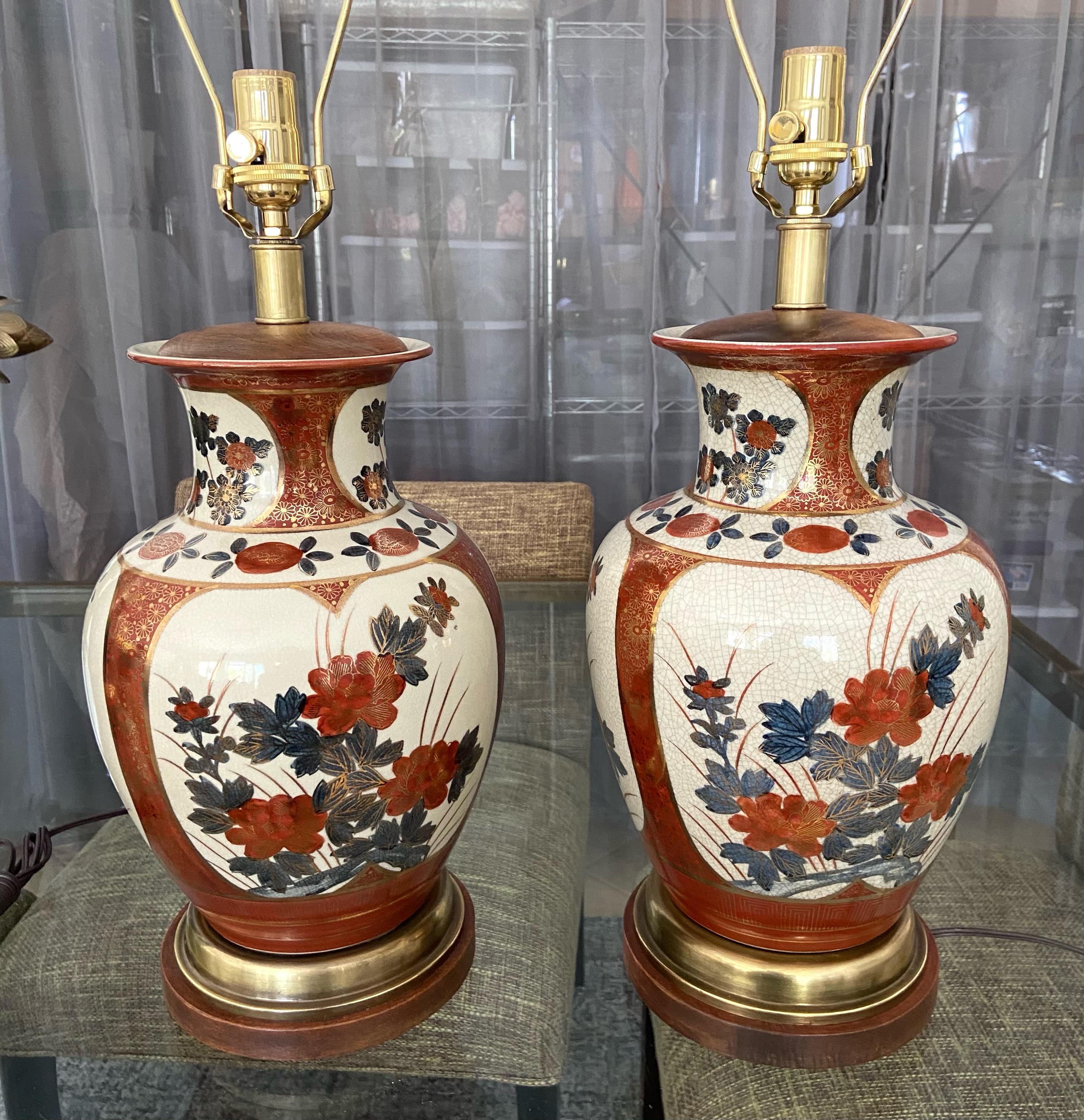 Brass Pair of Japanese Asian Imari Porcelain Table Lamps