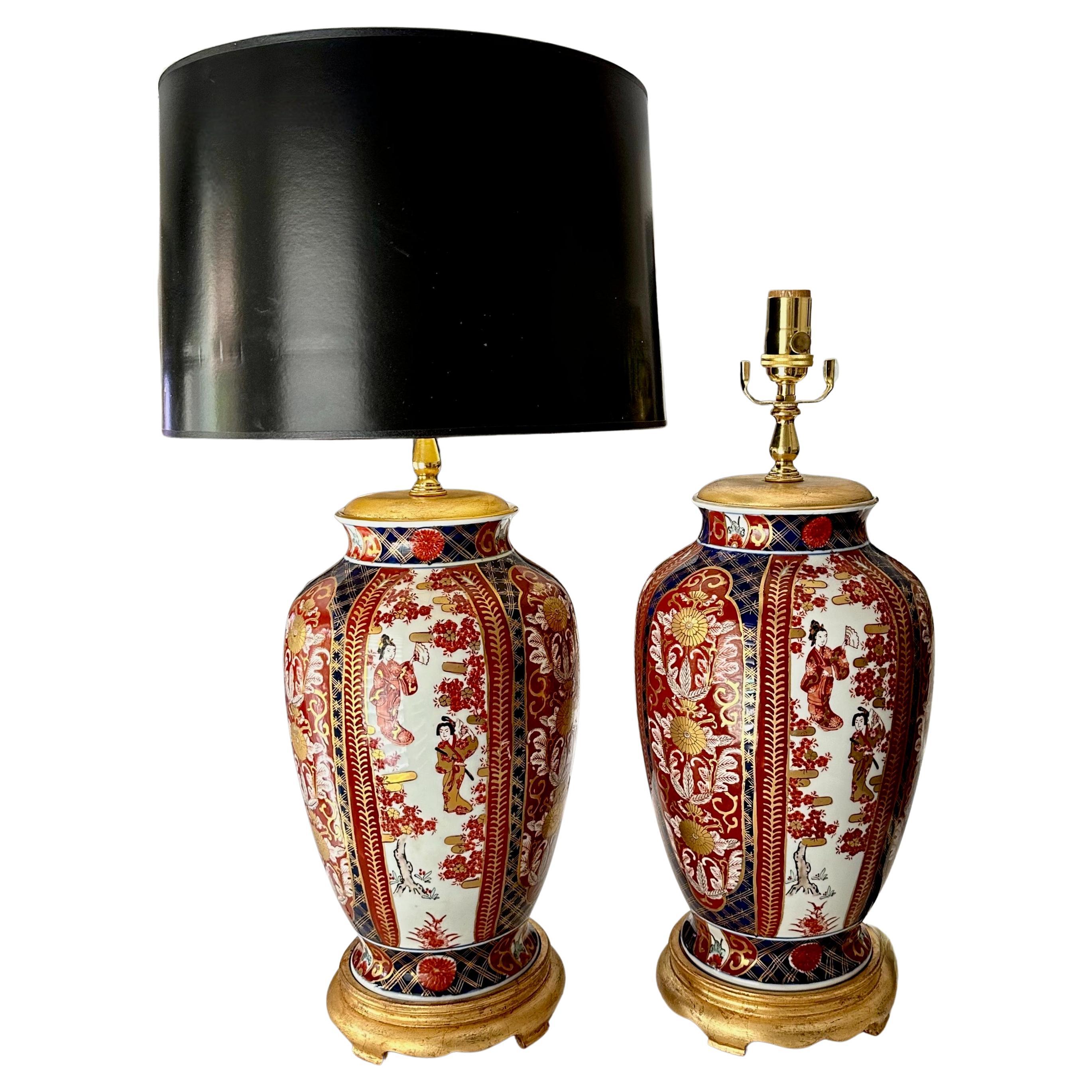 Pair of Japanese Asian Imari Porcelain Table Lamps