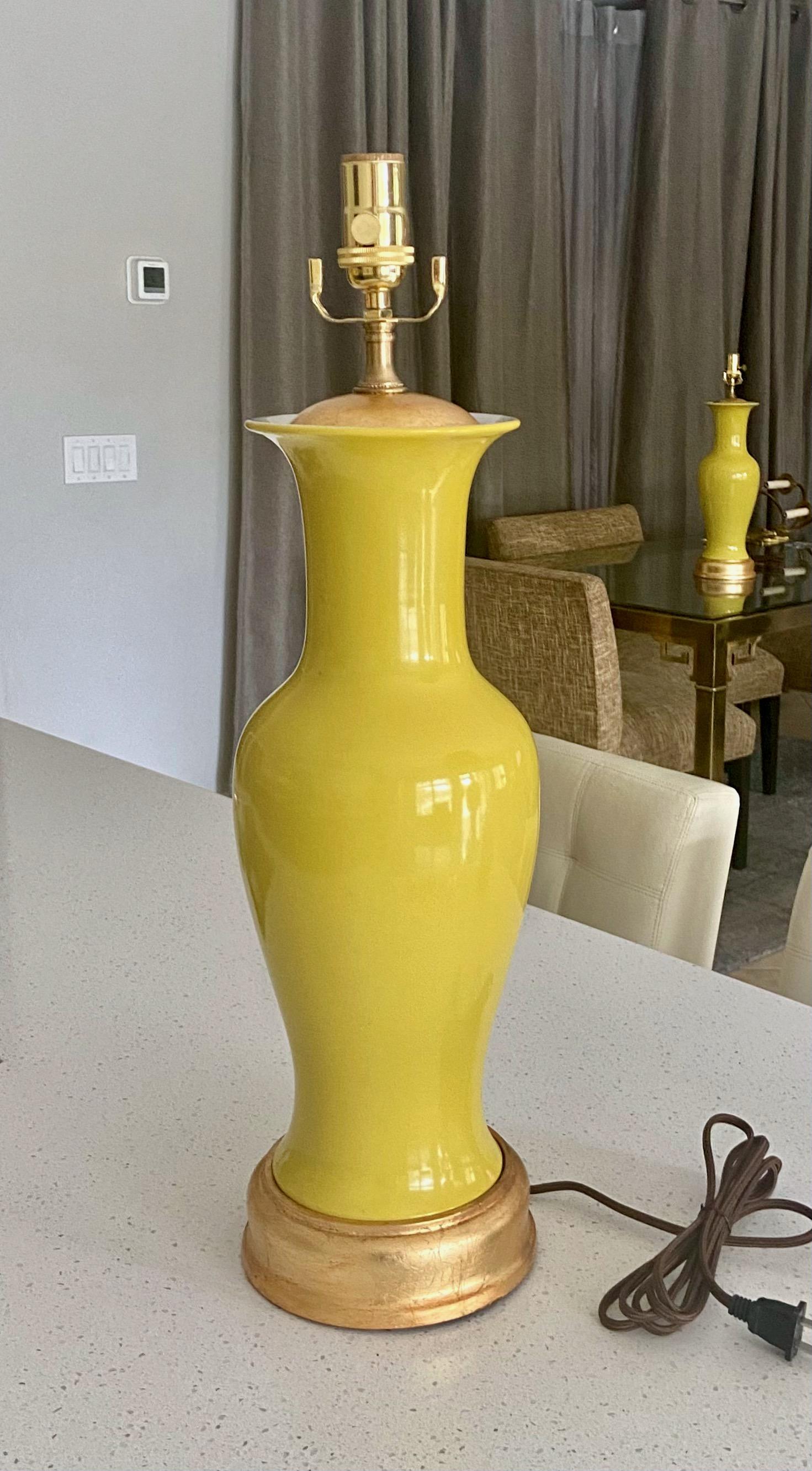 Pair of Japanese Asian Yellow Porcelain Table Lamps For Sale 2