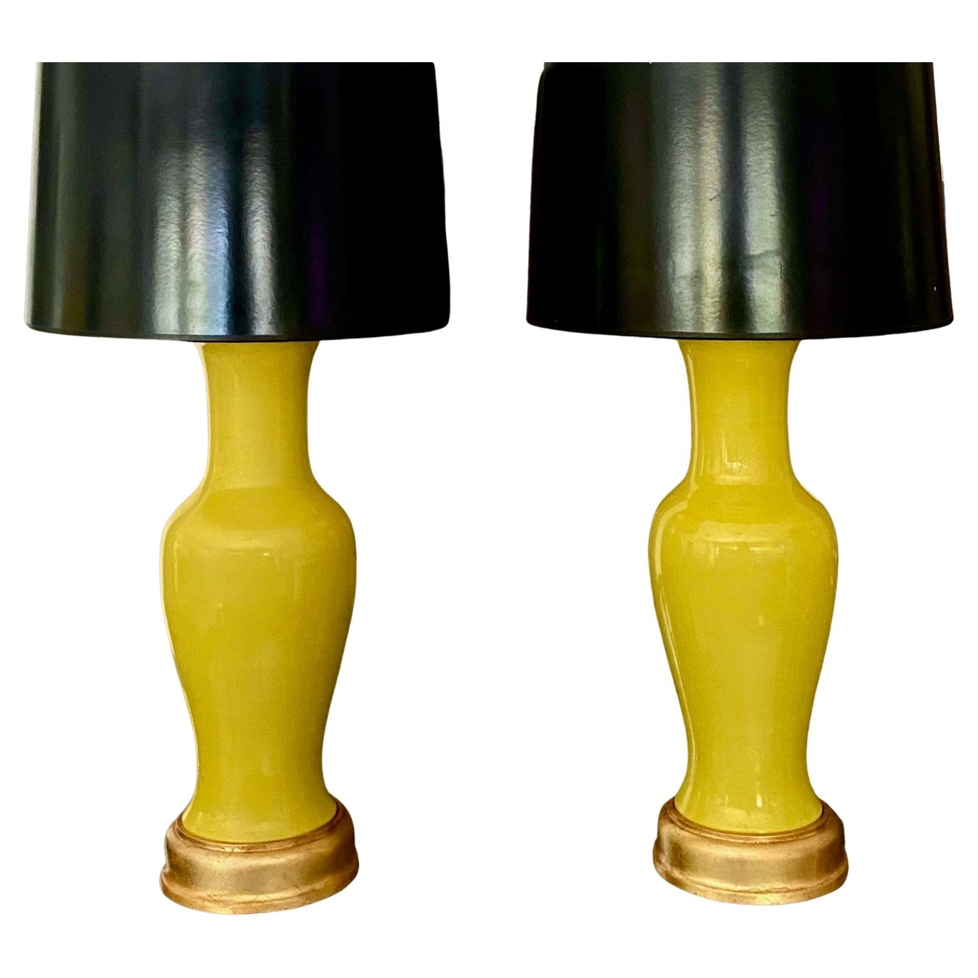 Pair of Japanese Asian Yellow Porcelain Table Lamps For Sale