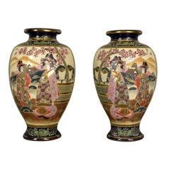 Vintage Pair of Japanese Baluster Vases, Ceramic Urns, Late 20th Century
