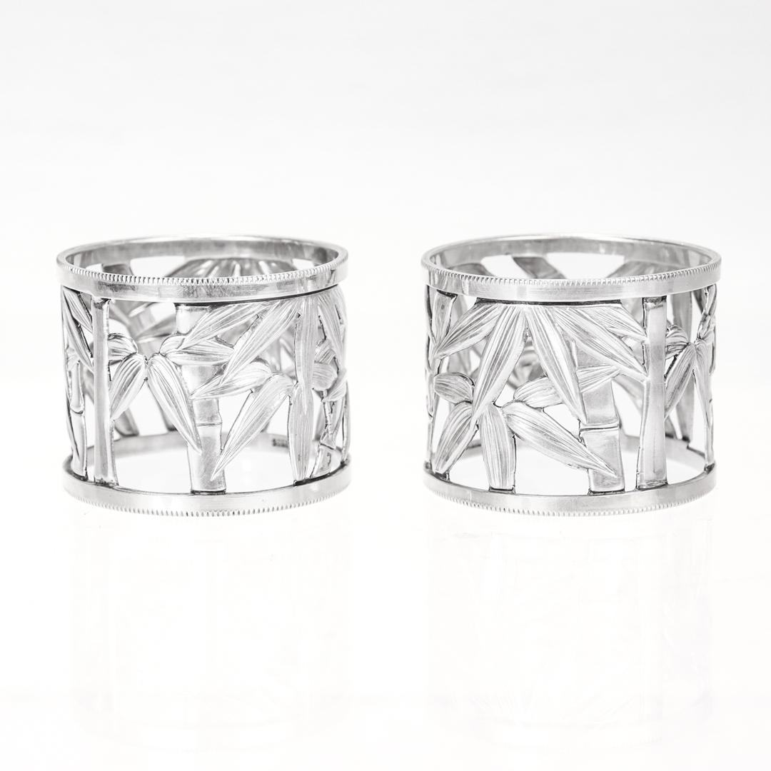 Modern Pair of Japanese Bamboo Pattern 950 Sterling Silver Reticulated Napkin Rings For Sale