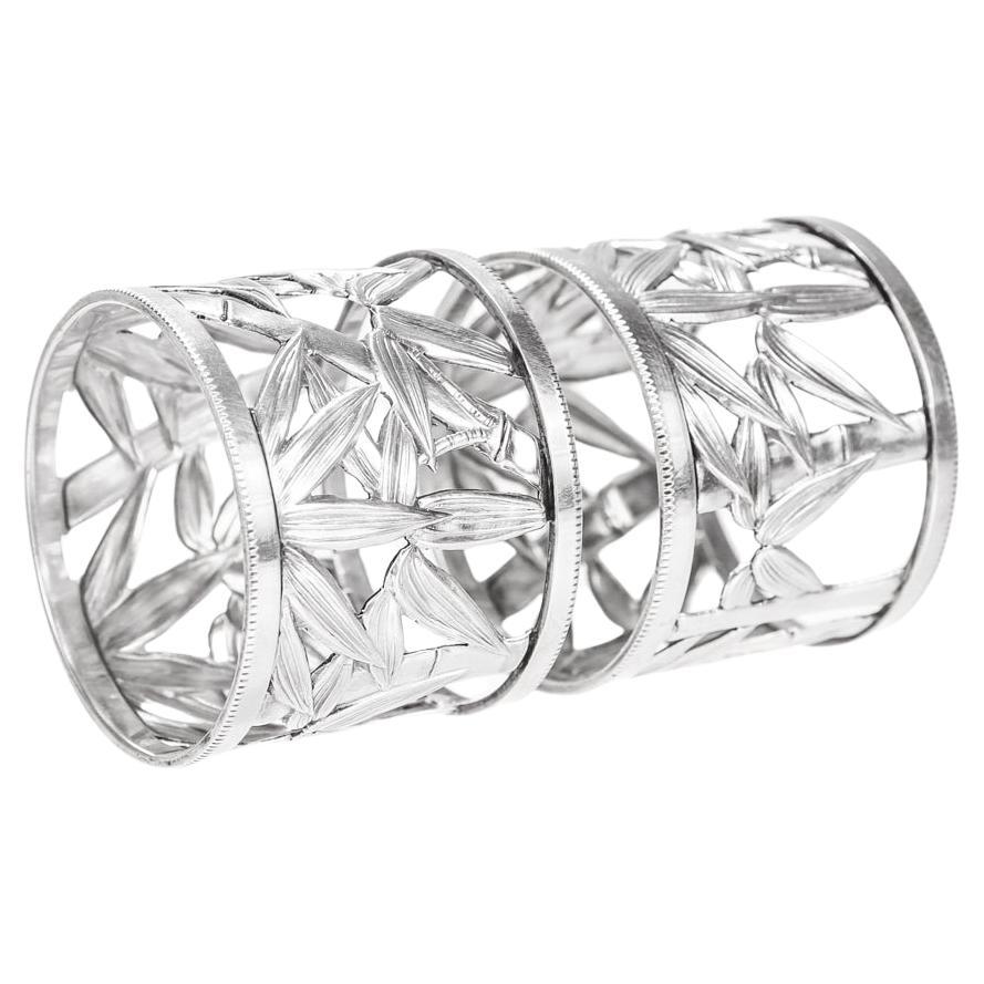 Pair of Japanese Bamboo Pattern 950 Sterling Silver Reticulated Napkin Rings For Sale