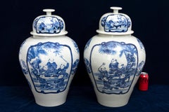 Pair of Japanese Blue and White Covered Ginger Jars with Children Play Scenes