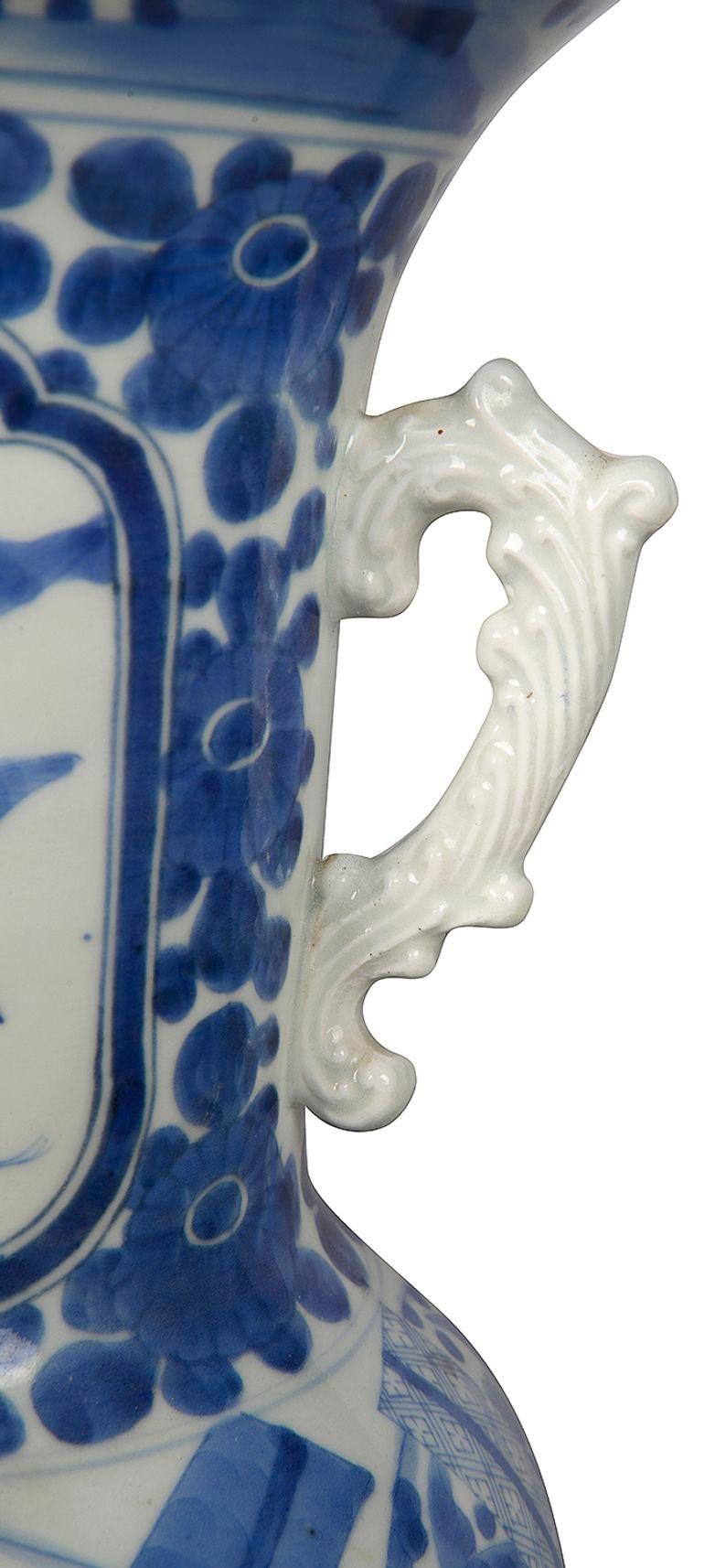Asian Pair of Japanese Blue and White twin handle lamps / vases, circa 1900 For Sale