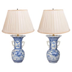 Antique Pair of Japanese Blue and White twin handle lamps / vases, circa 1900