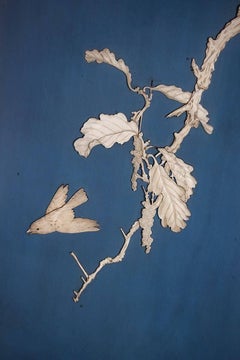 Pair of Japanese Blue Lacquered Panels with Carved Birds in Trees Meiji Period