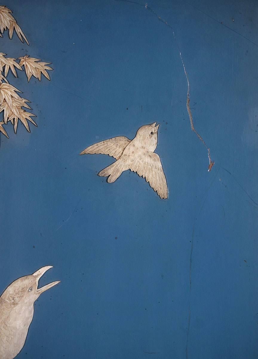 Pair of Japanese Blue Lacquered Panels with Carved Birds in Trees Meiji Period In Good Condition In Heathfield, East Sussex