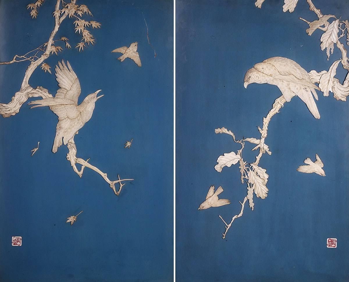 19th Century Pair of Japanese Blue Lacquered Panels with Carved Birds in Trees Meiji Period