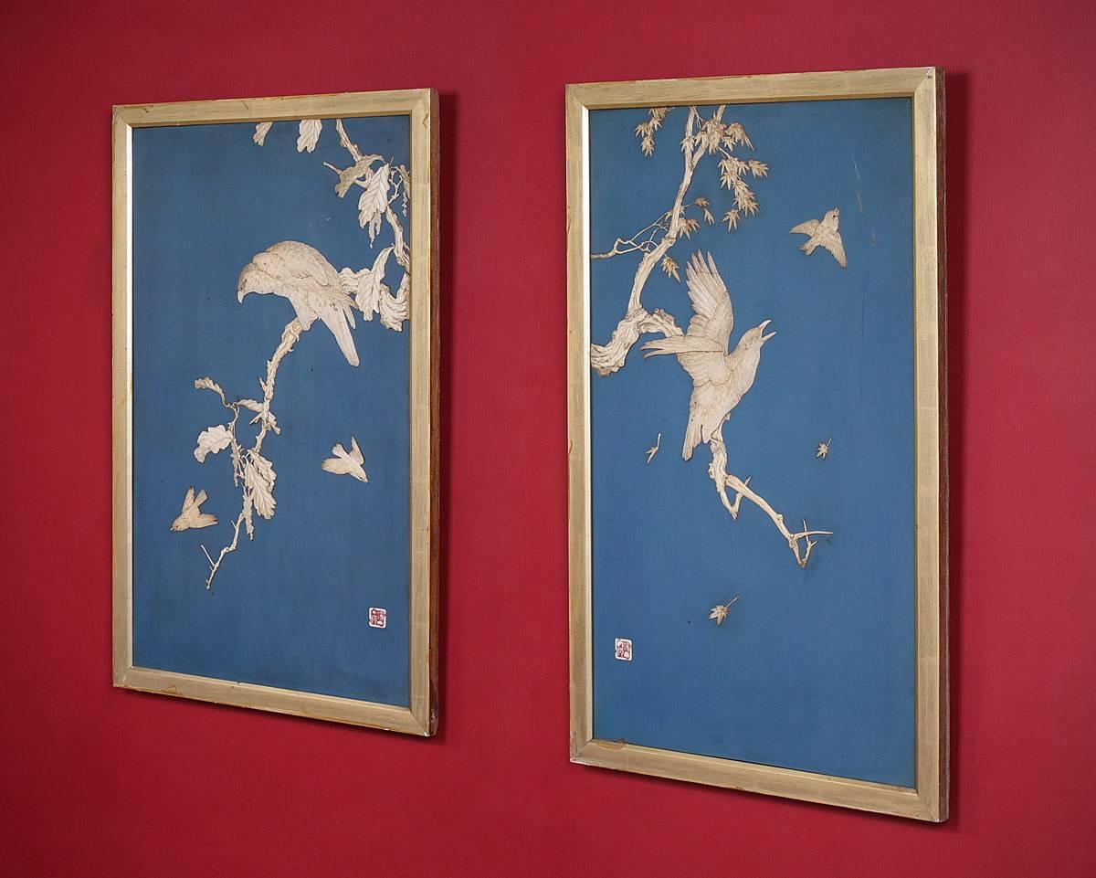 Bone Pair of Japanese Blue Lacquered Panels with Carved Birds in Trees Meiji Period