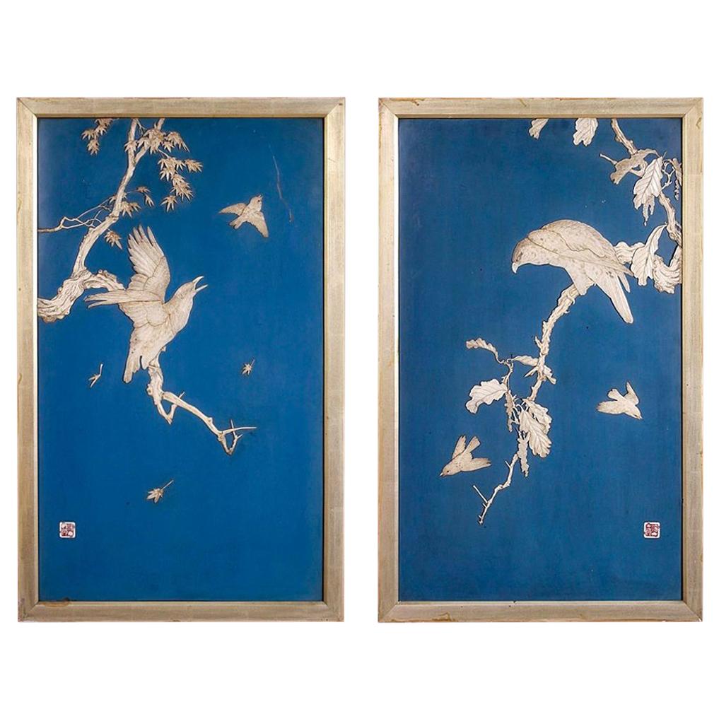 Pair of Japanese Blue Lacquered Panels with Carved Birds in Trees Meiji Period