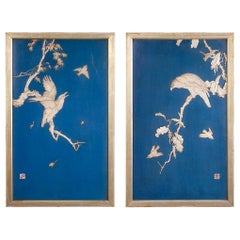Antique Pair of Japanese Blue Lacquered Panels with Carved Birds in Trees Meiji Period