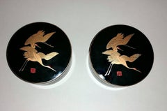 Pair of Japanese Boxes in Black Resin Painted Gold with Eight Coasters Each