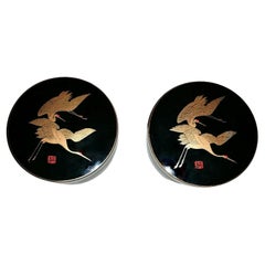 Pair of Japanese Boxes in Black Resin Painted Gold with Eight Coasters Each