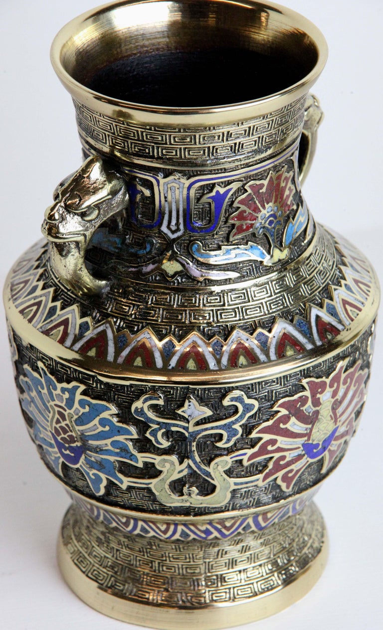 Pair of Japanese Brass and Enamel Champleve Vases For Sale at 1stDibs