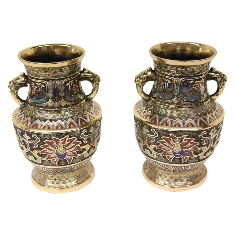 Pair of Japanese Brass and Enamel Champleve Vases For Sale at 1stDibs