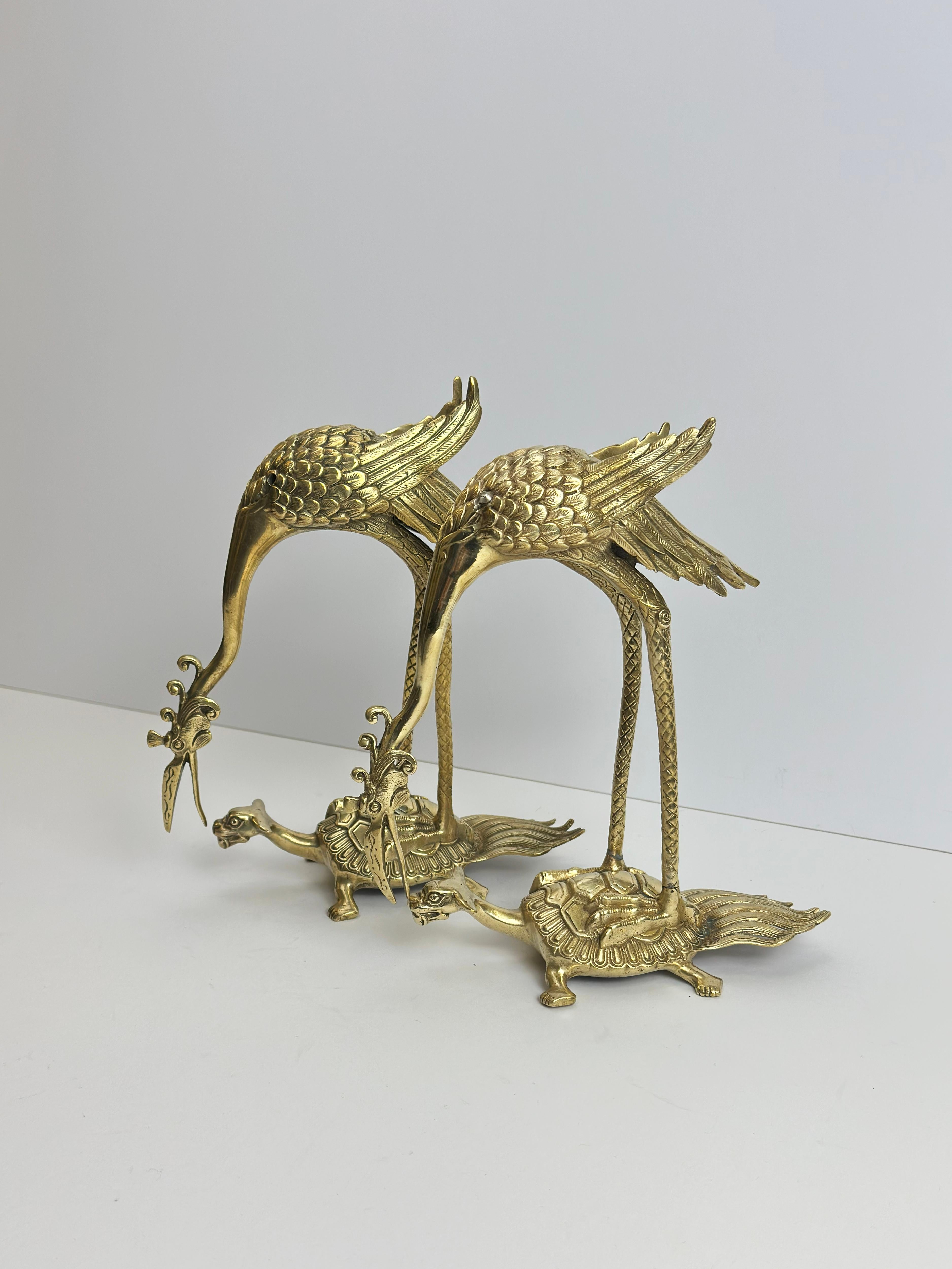 Meiji Pair of Japanese Brass Crane and Turtle Sculptures, Mid-20th Century For Sale