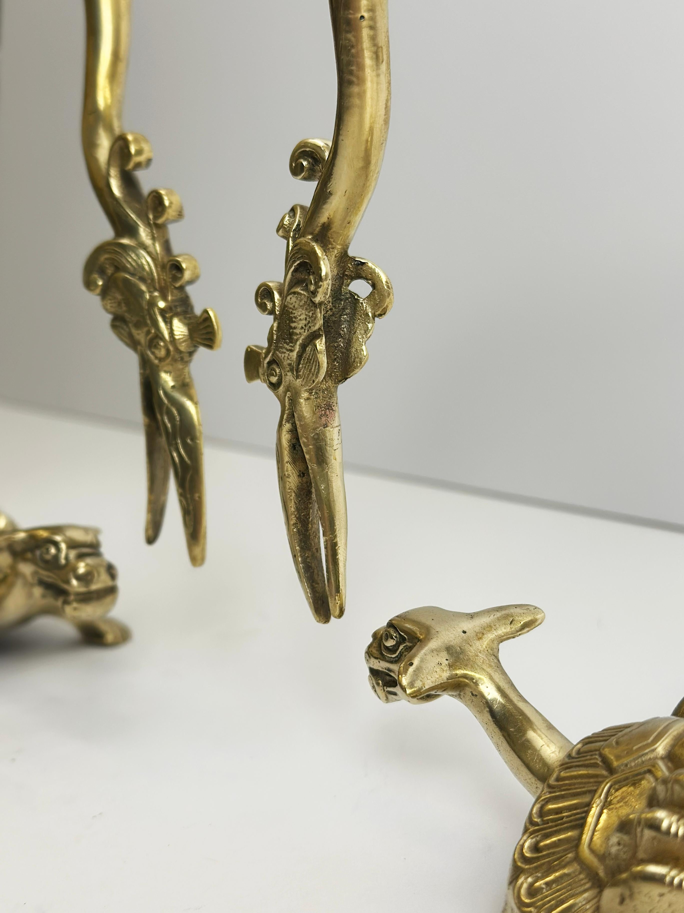 Cast Pair of Japanese Brass Crane and Turtle Sculptures, Mid-20th Century For Sale