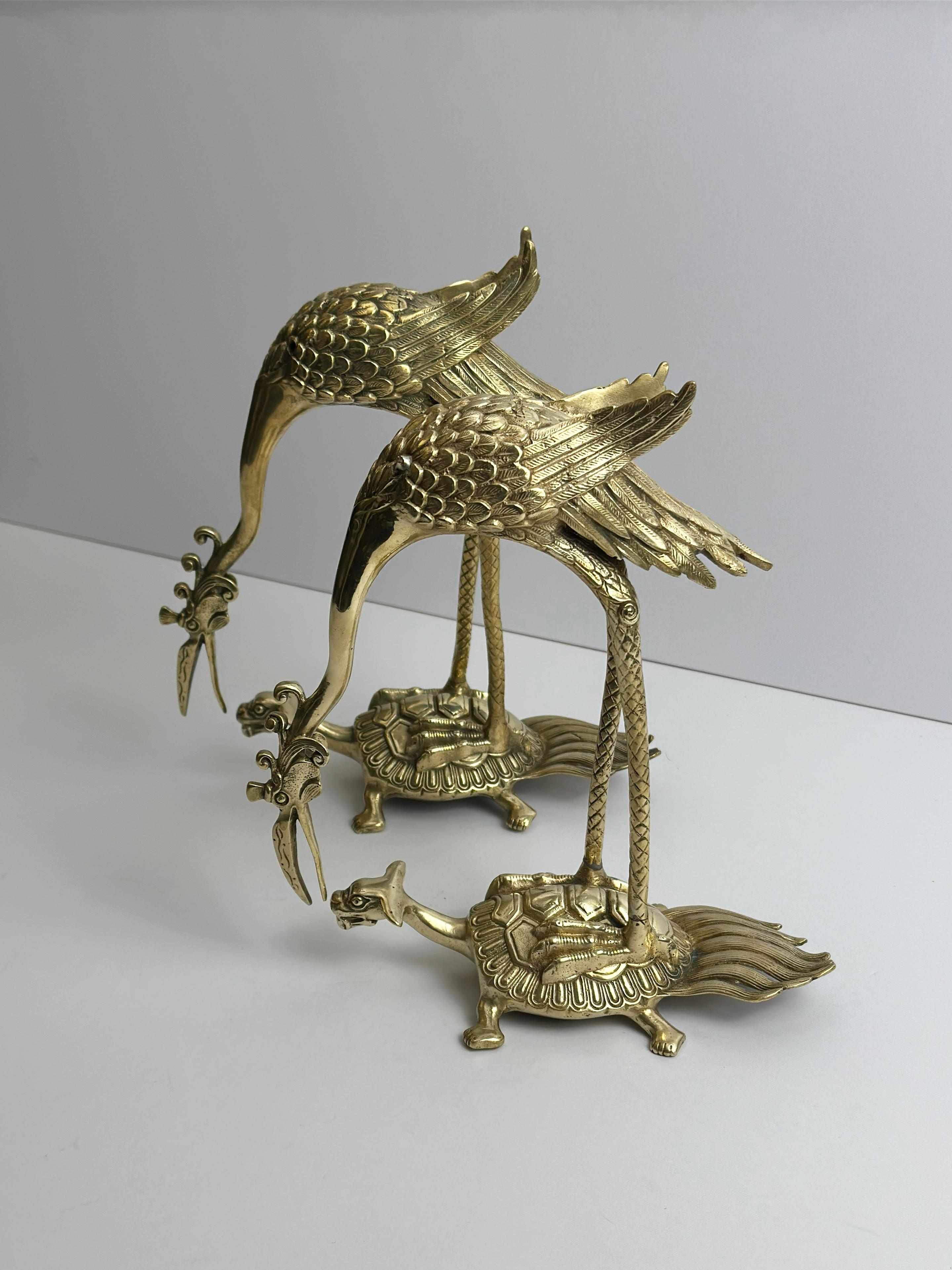 Pair of Japanese Brass Crane and Turtle Sculptures, Mid-20th Century In Good Condition For Sale In Glasgow, GB