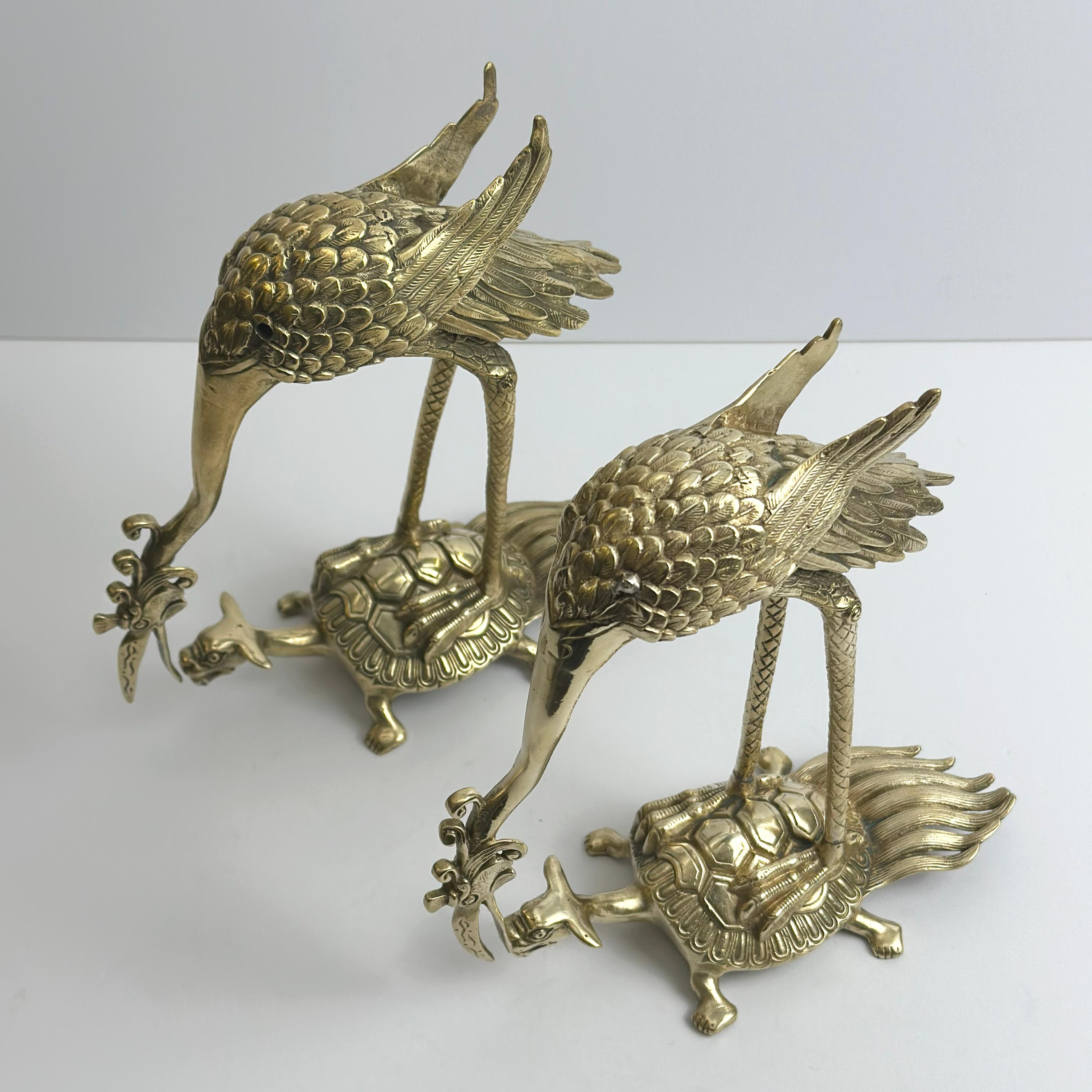 Pair of Japanese Brass Crane and Turtle Sculptures, Mid-20th Century For Sale 4
