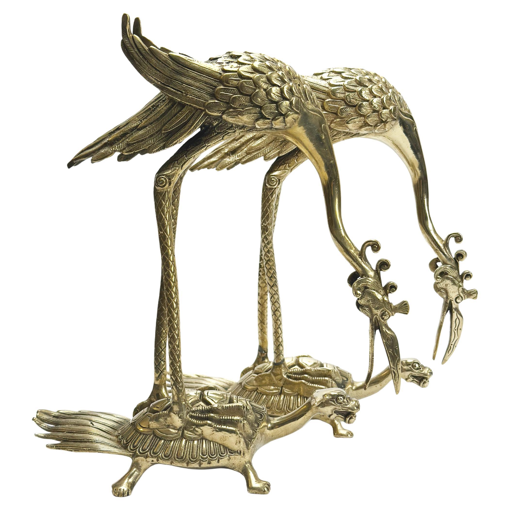 Pair of Japanese Brass Crane and Turtle Sculptures, Mid-20th Century For Sale