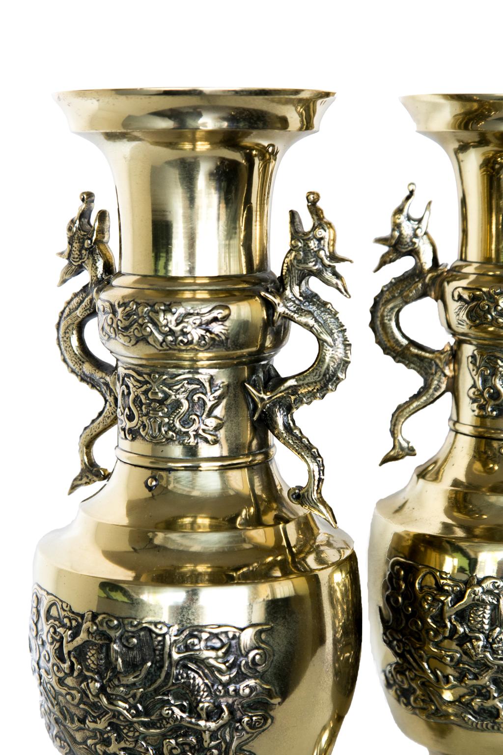 Lacquered Pair of Japanese Brass Vases For Sale