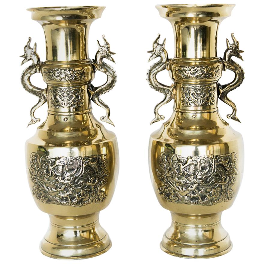 Pair of Japanese Brass Vases For Sale