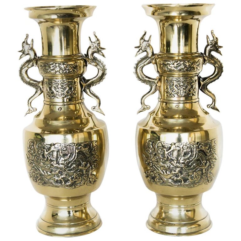 Pair of Japanese Brass Vases For Sale at 1stDibs