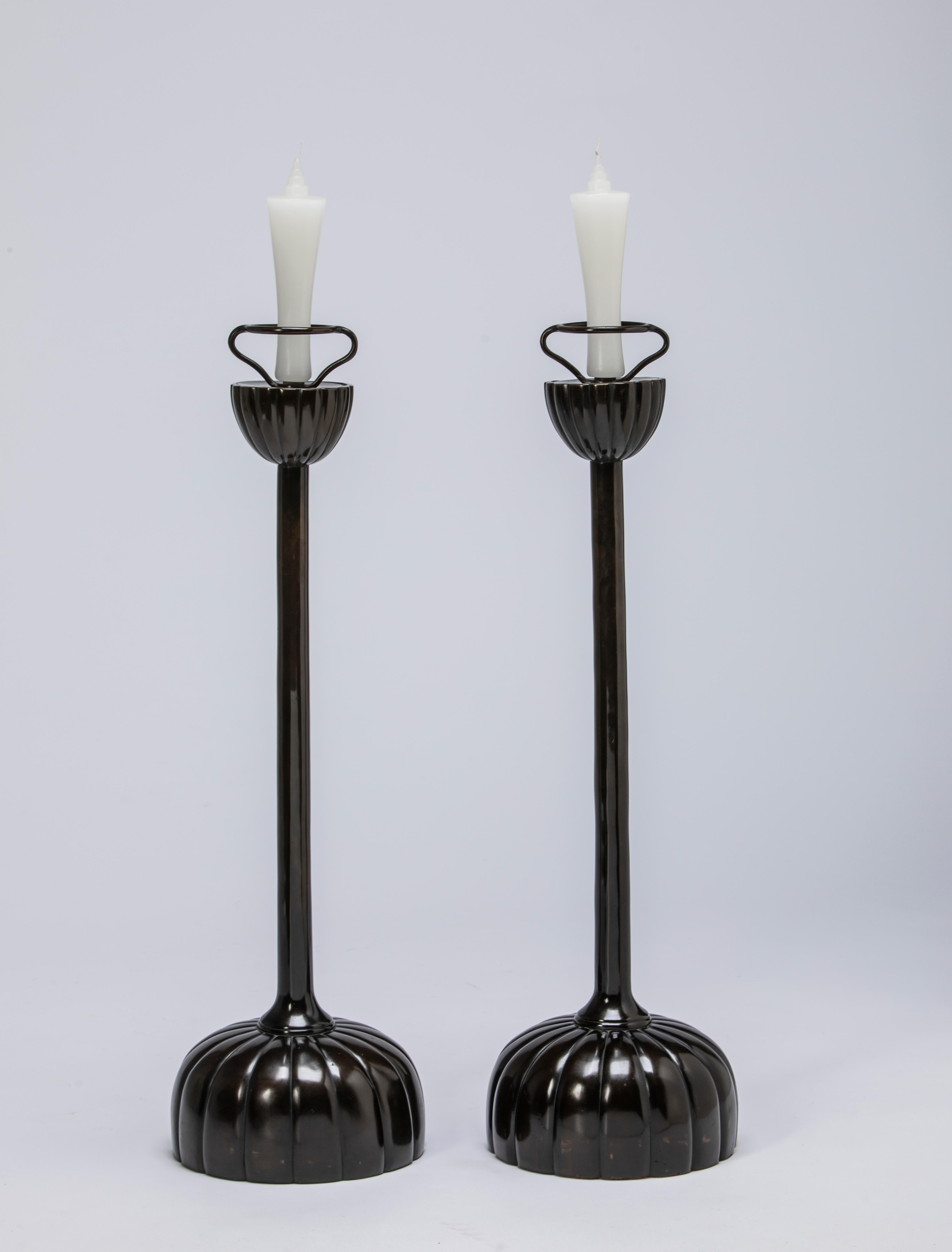 Pair Japanese Bronze/Black-Lacquer Candlesticks

Japanese Bronze/Black-Lacquer Candlesticks
Sold as Pair Only.
Japanese Shokudai
Chrysanthemum Base and Holder
Dimensions : without candles 30
