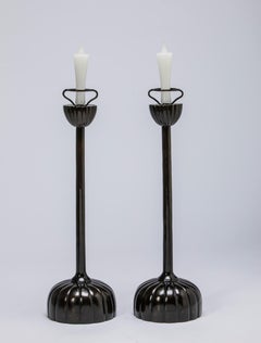 Pair of Japanese Bronze/Black-Lacquer Candlesticks