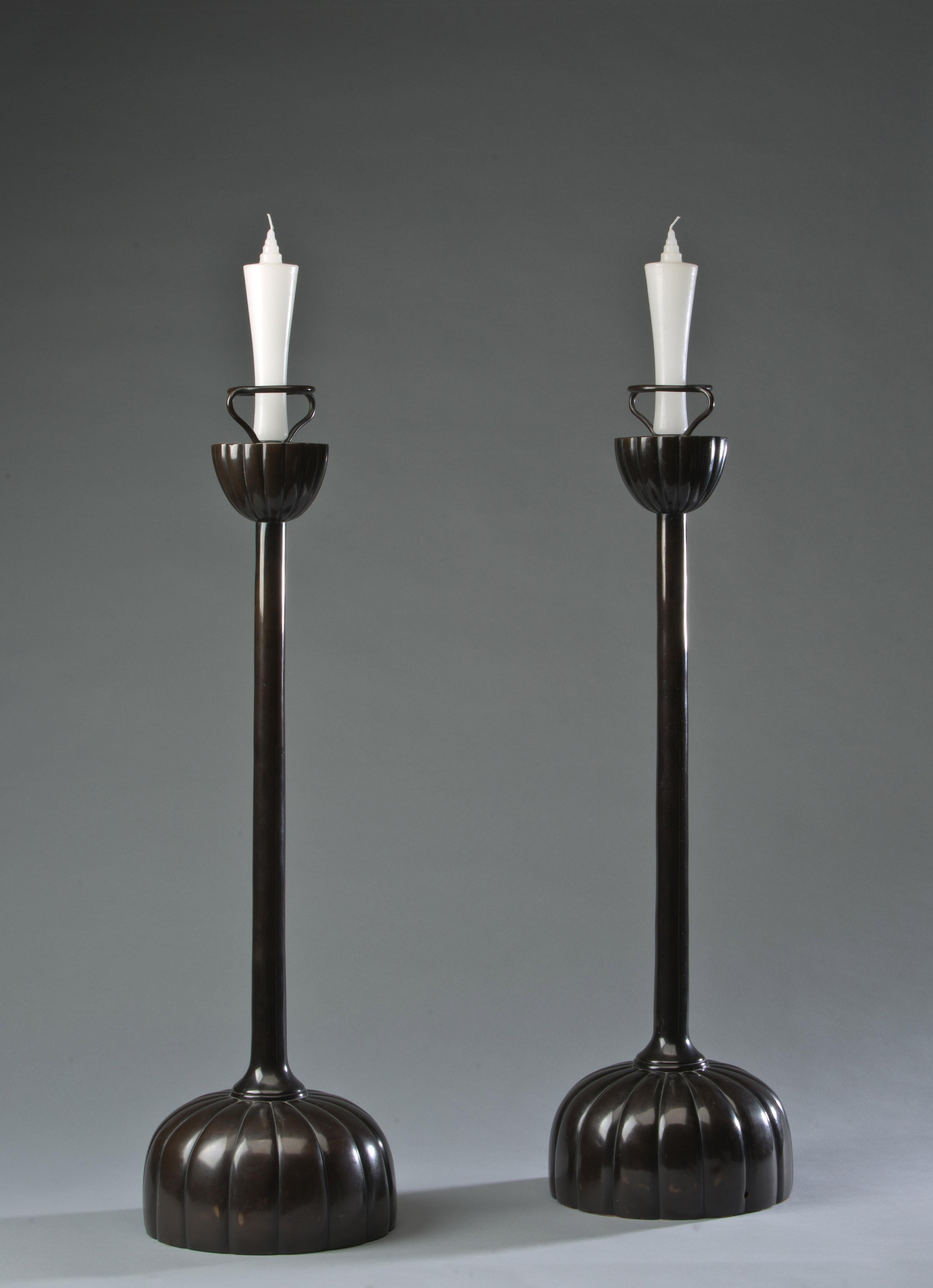 Pair of Japanese Bronze/Black-Lacquer Candlesticks For Sale 3