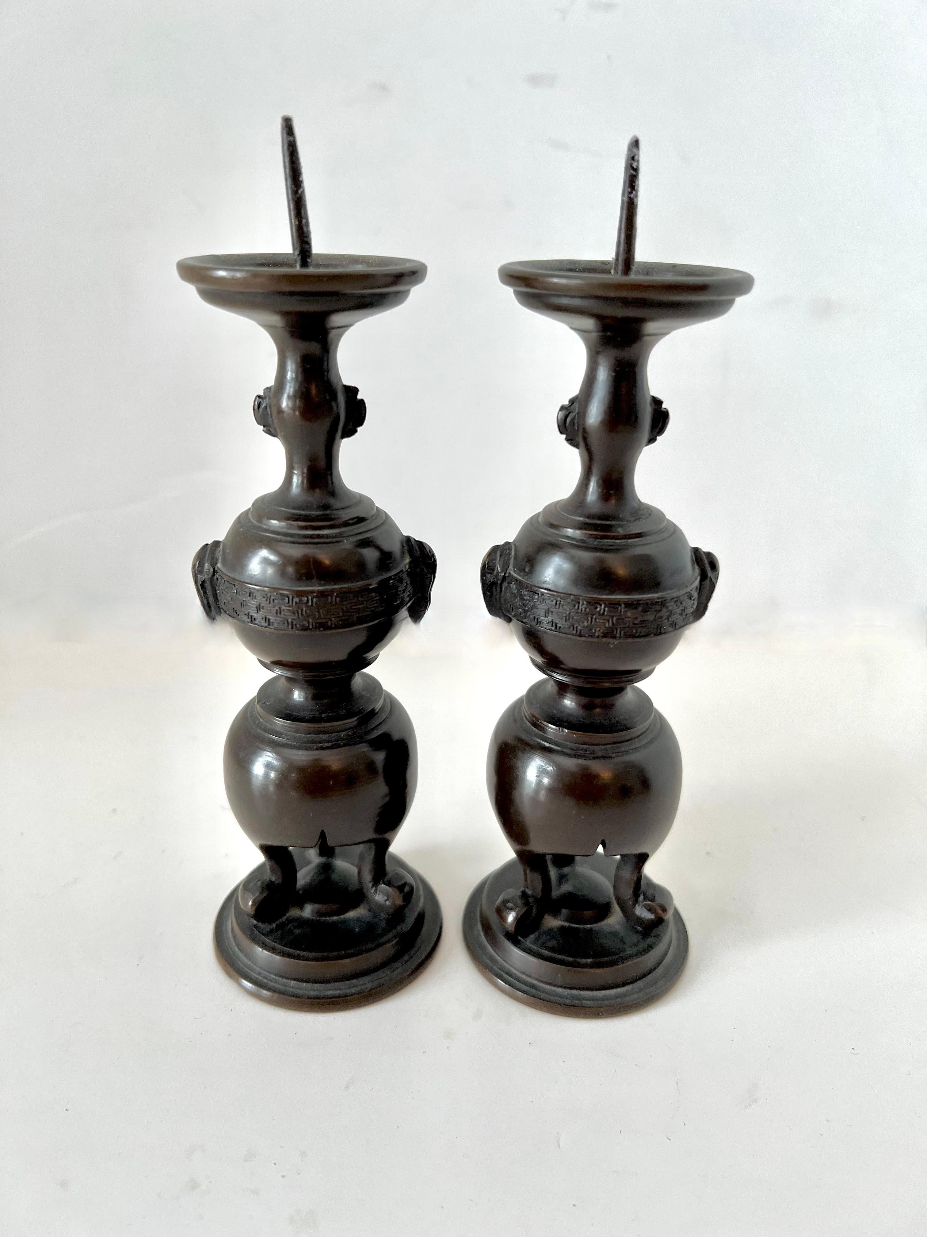 Meiji Pair of Japanese Bronze Candlesticks