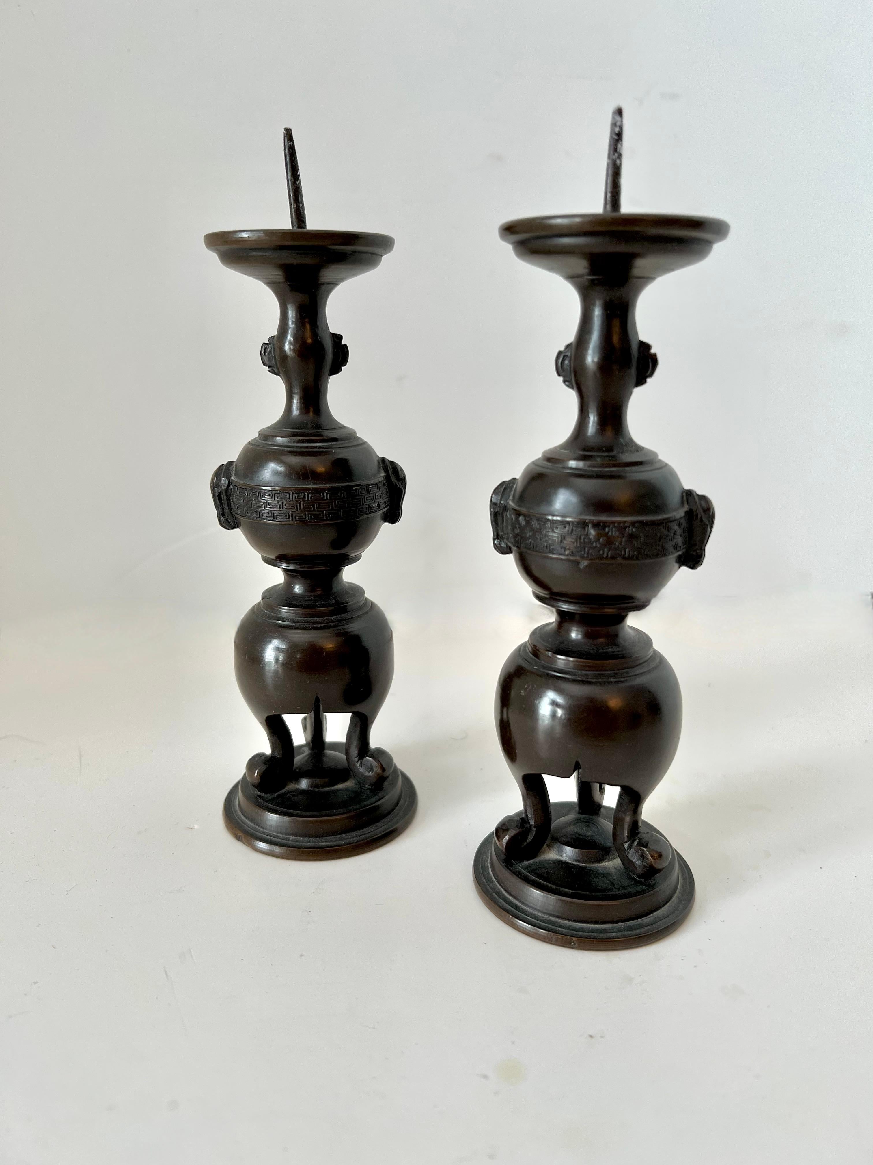19th Century Pair of Japanese Bronze Candlesticks