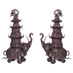Antique Pair of Japanese Bronze Elephant Pagoda Figures