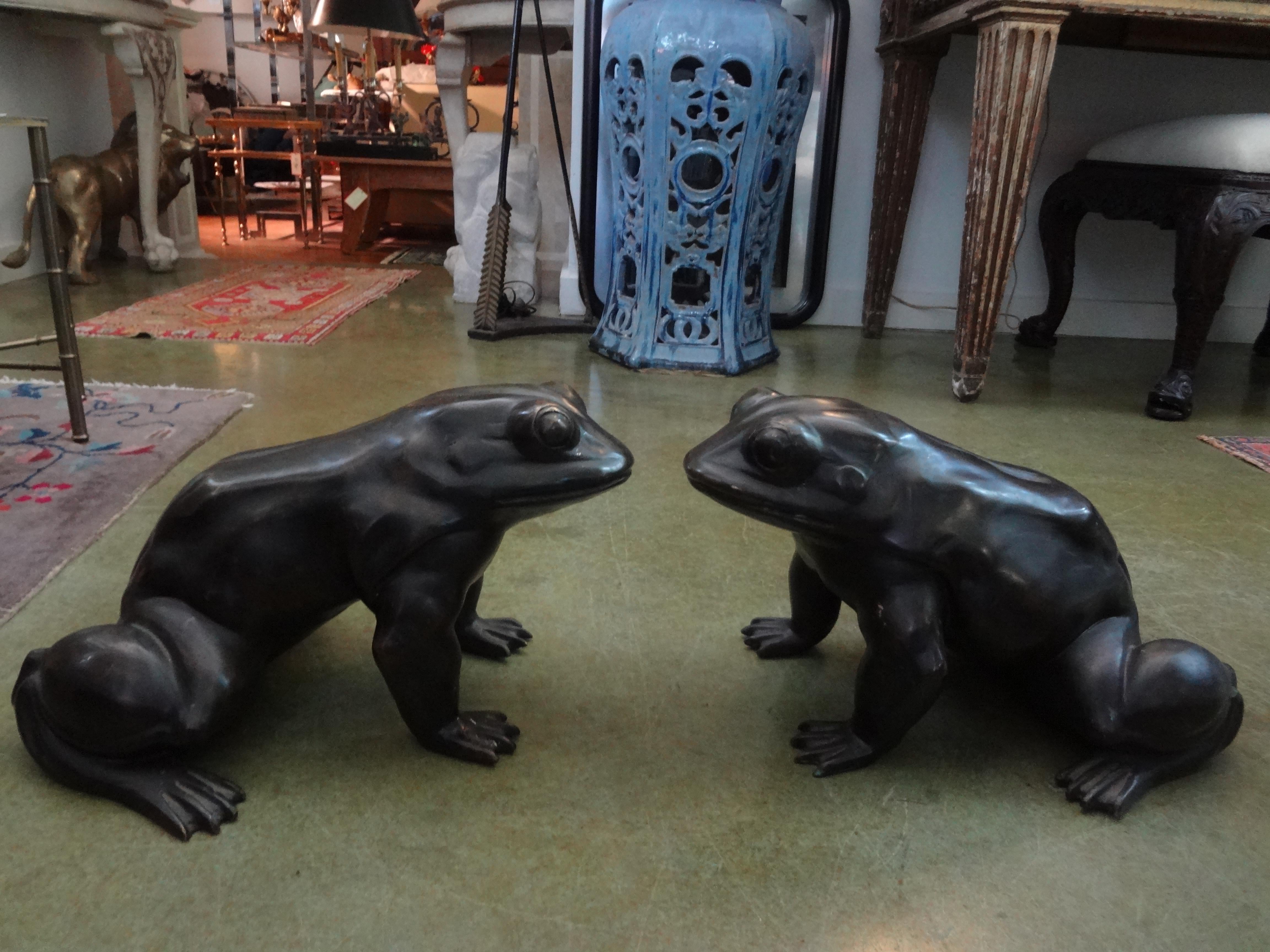Pair Of Japanese Bronze Frog Sculptures.
Our large Japanese bronze frog statues or sculptures will make a lovely addition to your garden room or atrium or entrance hall.
Frogs, are considered to bring good luck and prosperity. They are often