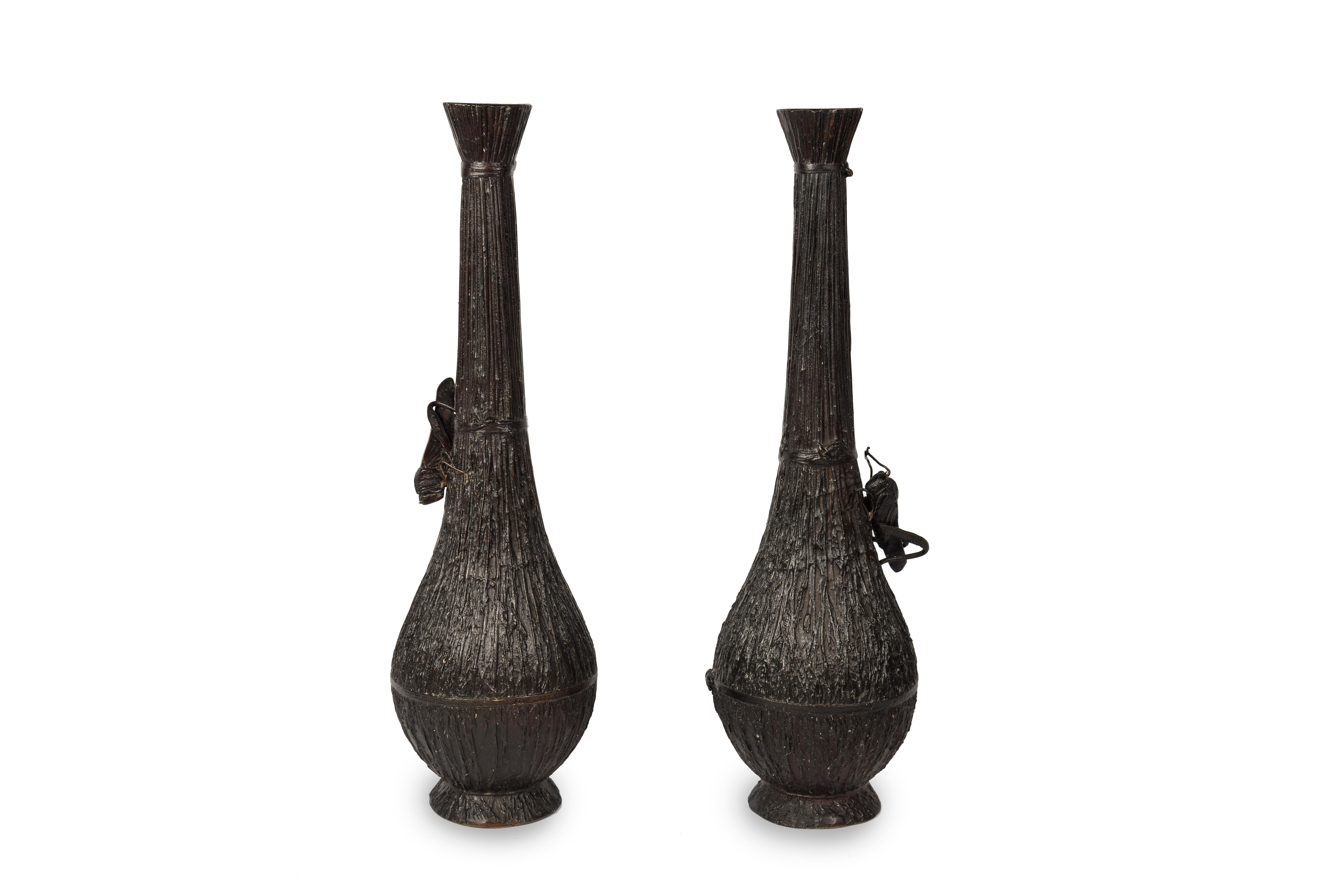 19th Century Pair of Japanese Bronze Grasshopper Vases For Sale