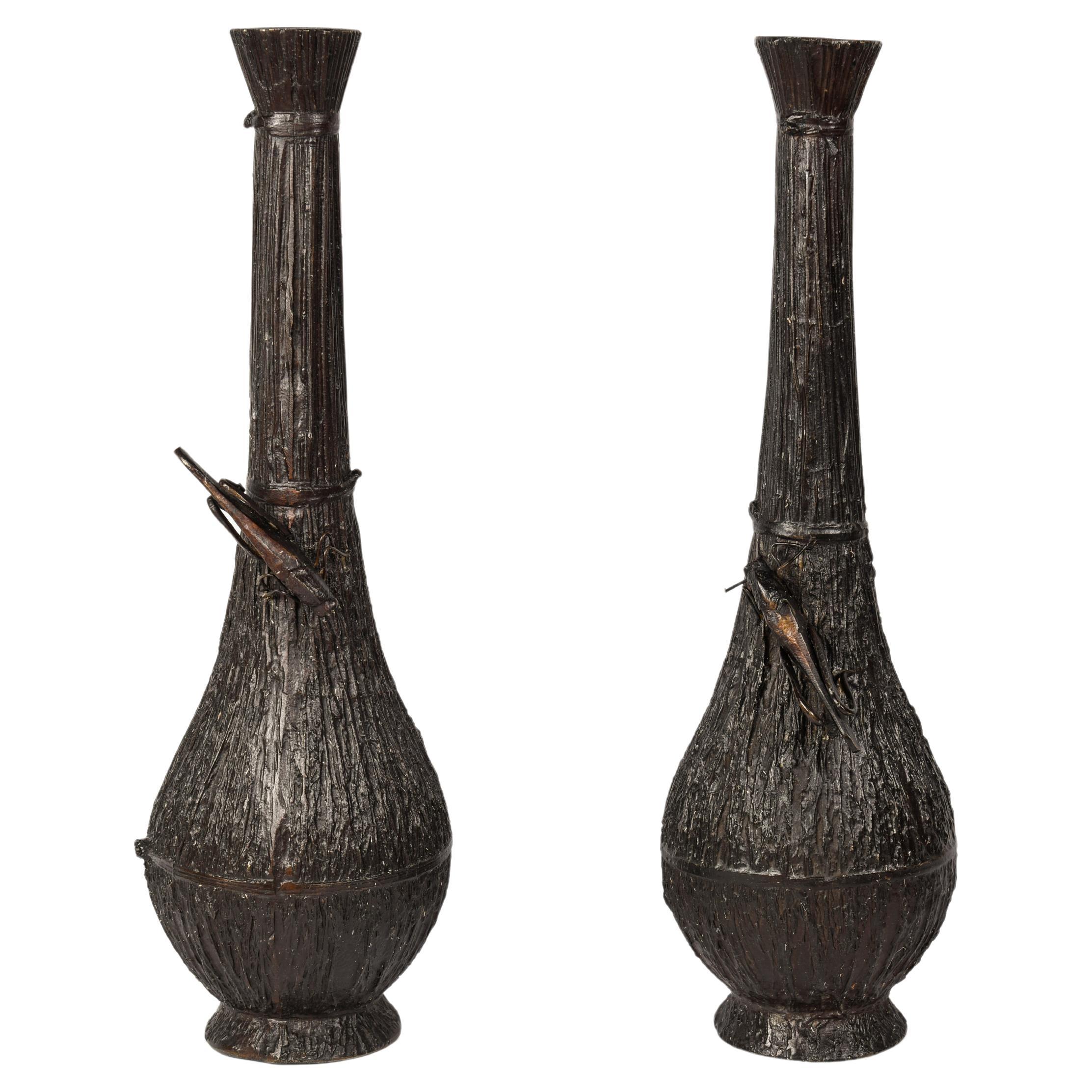 Pair of Japanese Bronze Grasshopper Vases