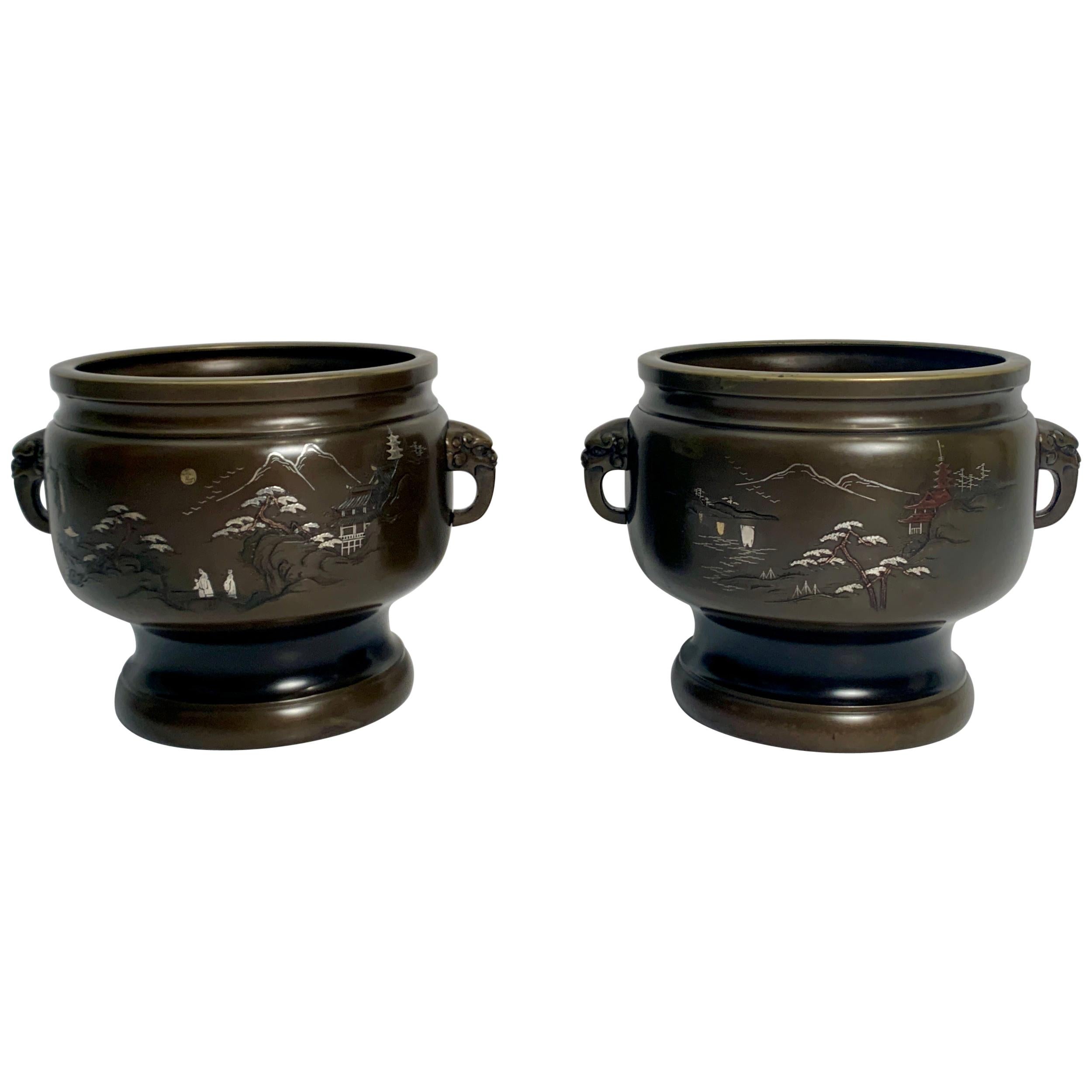 Pair of Japanese Bronze Hibachi with Silver and Copper Inlay, Meiji Period