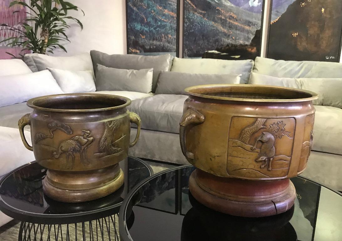 Pair of Japanese Bronze Planters with Animal Deer Crane Forest Decoration Motif 4