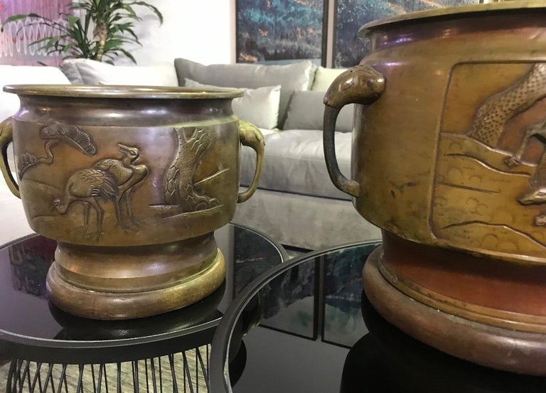 Pair of Japanese Bronze Planters with Animal Deer Crane Forest